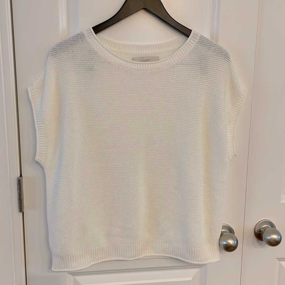 LOFT white knit drop shoulder women’s size Large L short sleeved sweater